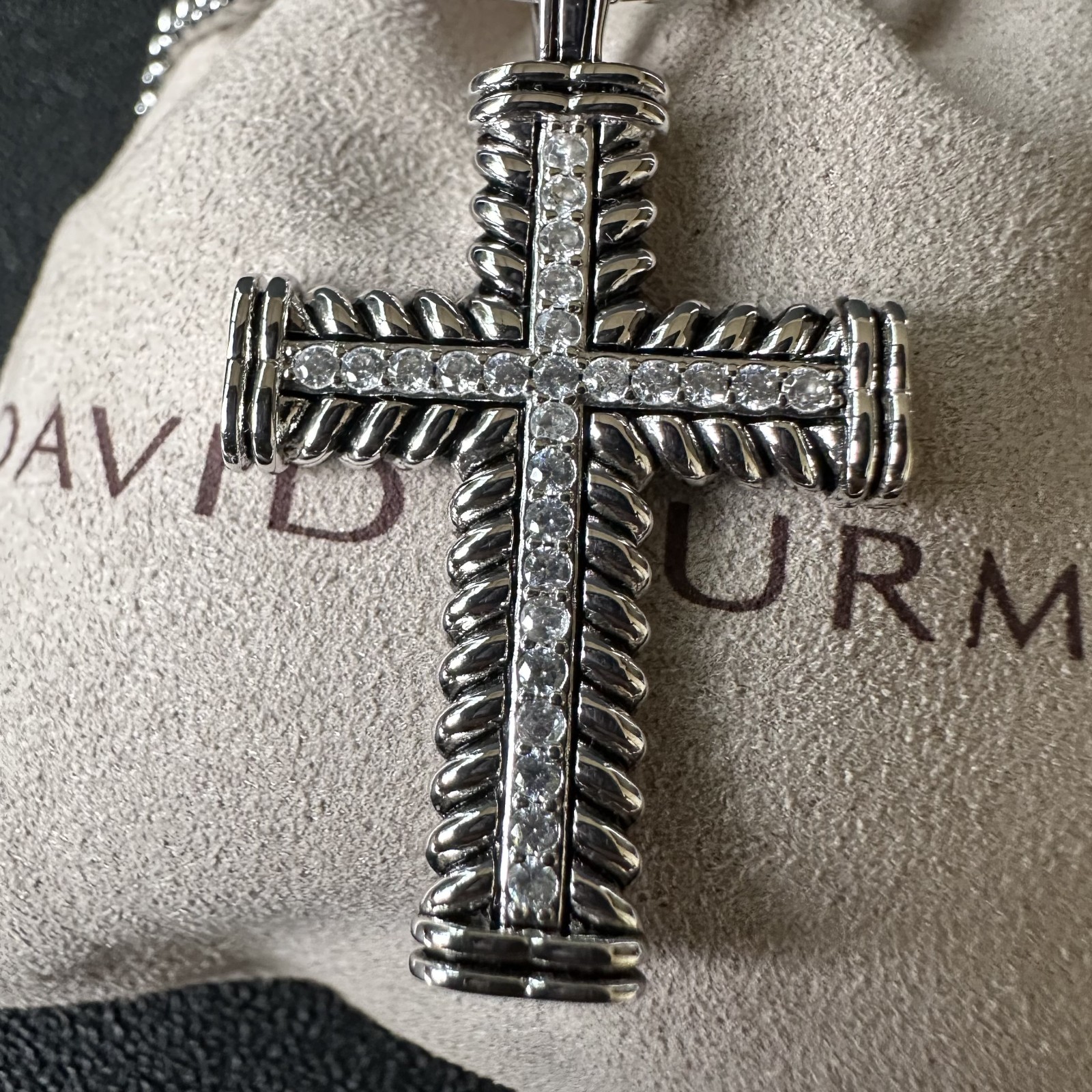 David Yurman Chevron Cross Pendant Necklace 925 Sterling Silver w/ Diamonds 19″