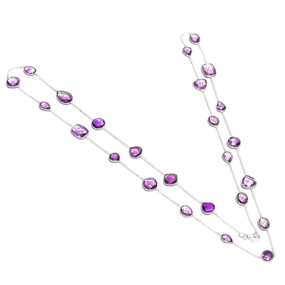 98.95ct Natural Amethyst Station Necklace 925 Sterling Silver Long Chain 38″