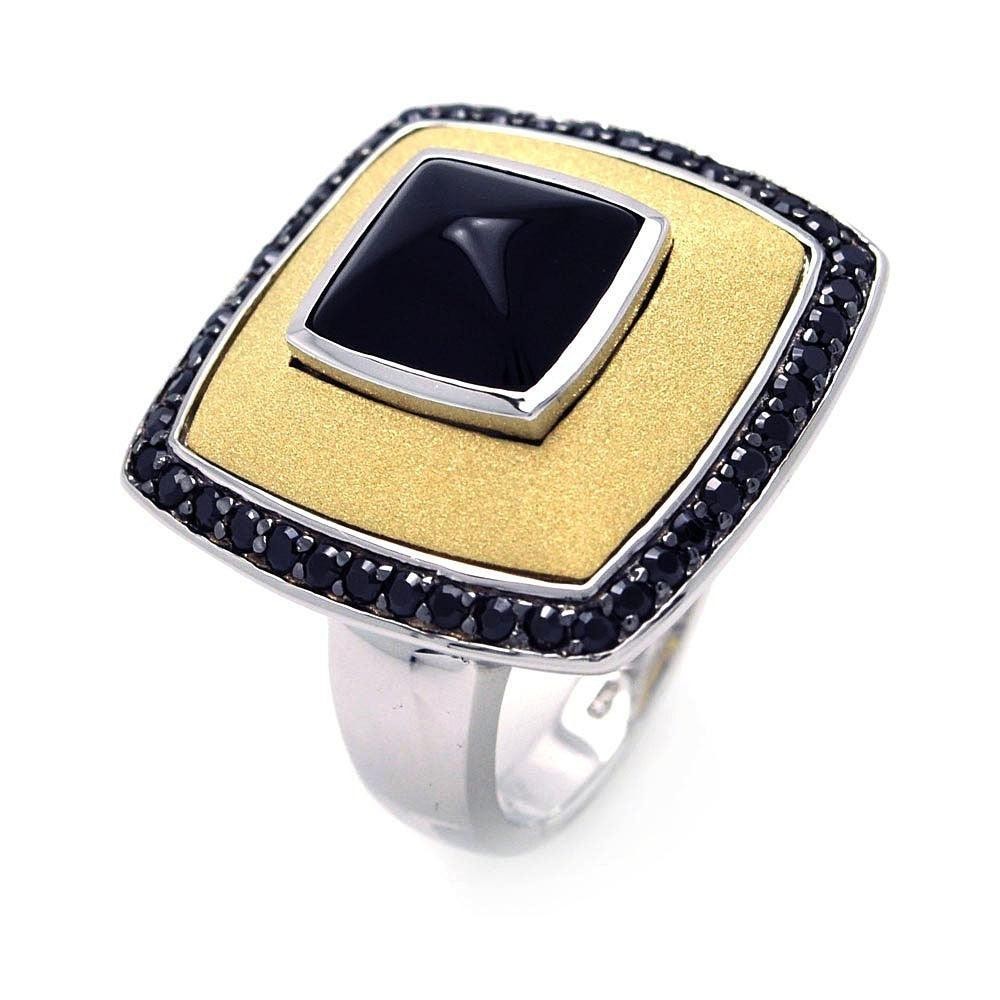 Silver 925 Rhodium Black Rhodium and Gold Plated 3 Toned Black CZ Square Ring