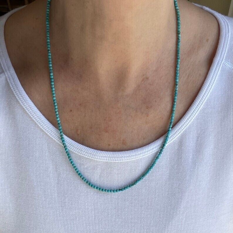 Natural African Turquoise Faceted Round 2MM Gemstone Bead Men Women Necklace 18″