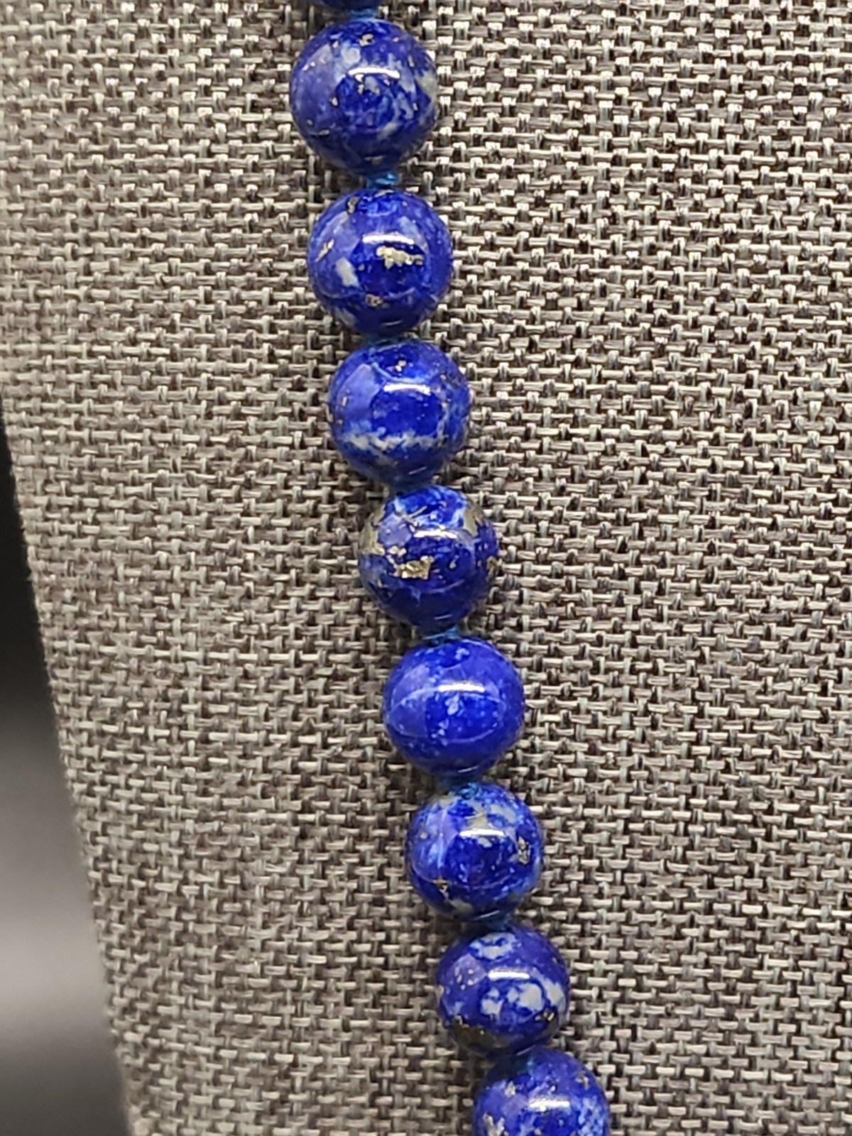 24” Natural Lapis Lazuli 8mm Bead Necklace Matinee Length Hand Knotted 14k Clasp