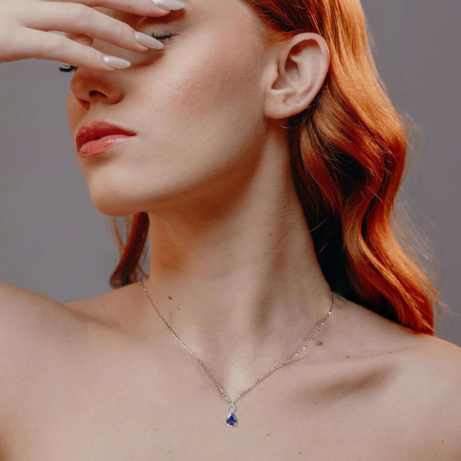 14K Solid White Gold Teardrop Pendant with Diamond Birthstone Necklace