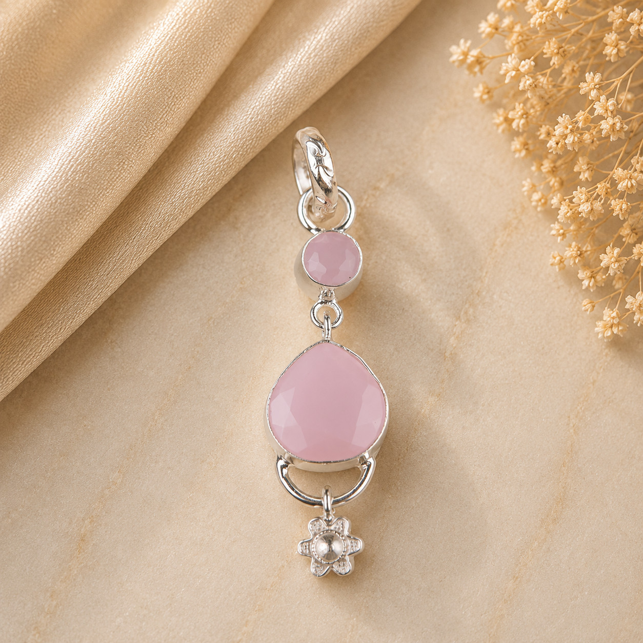 Rose Chalcedony Gemstone 925 Solid Silver Necklace Pendent 2.00″ For Wedding
