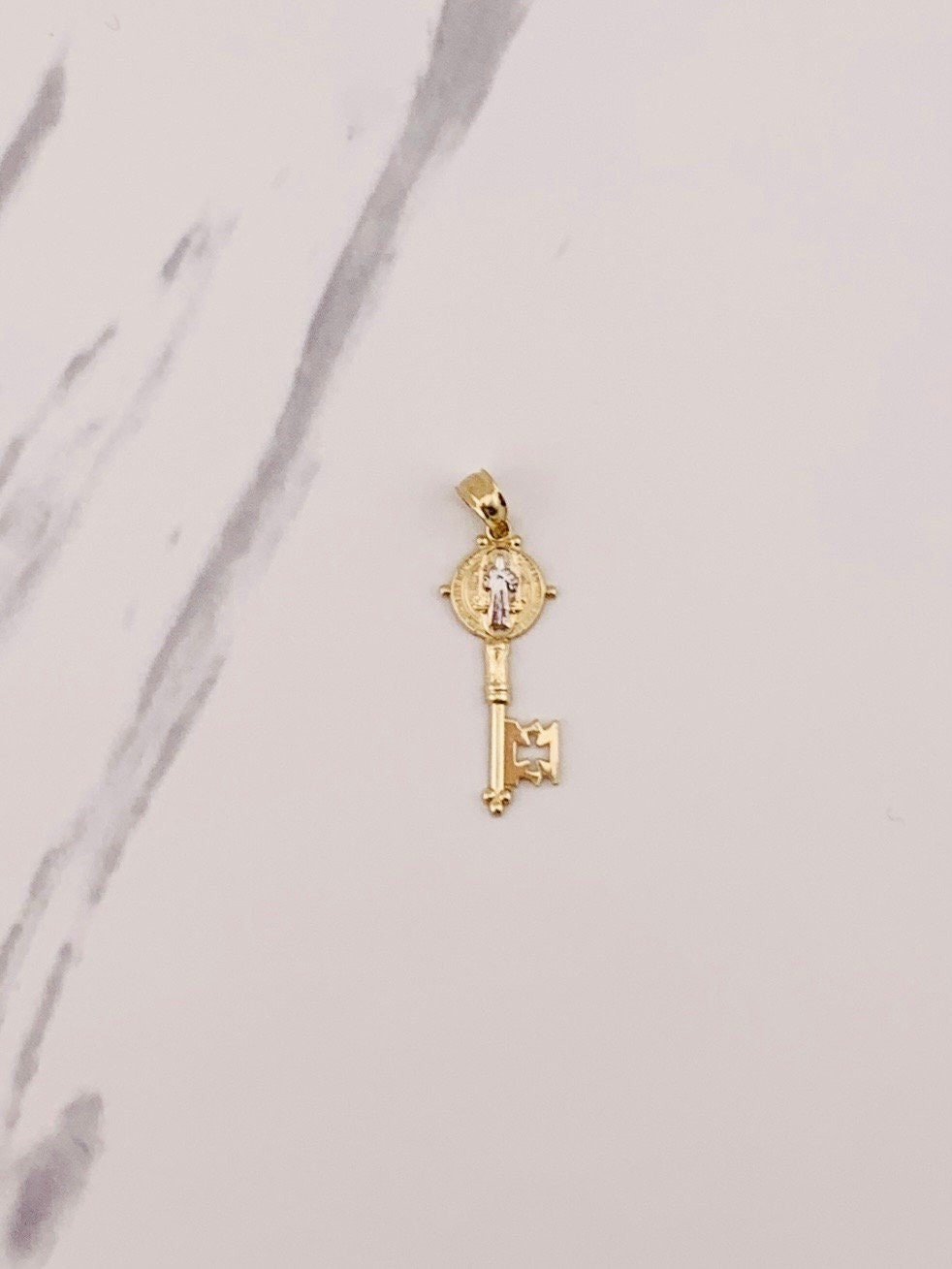 14k gold pendant st Benedict medallion key San Benito medalla llave