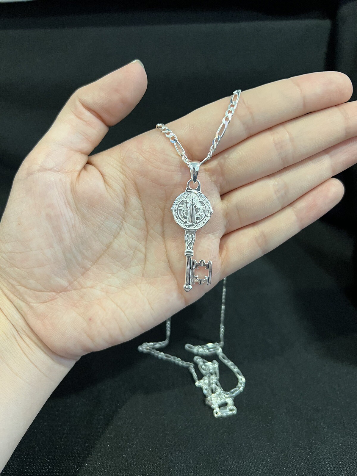 925 Sterling Silver Men St Benedict Key San Benito Llave & Figaro Chain 20 24 30