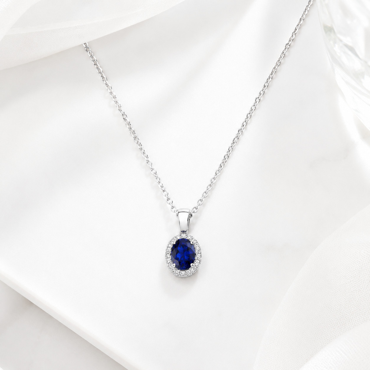 Oval Blue Sapphire Halo Pendant Necklace 925 Sterling Silver Lab Created