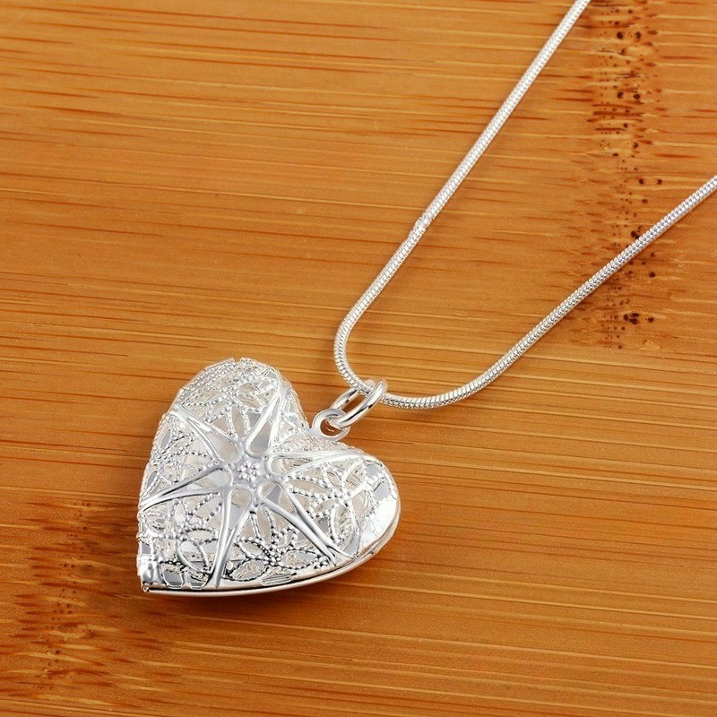1/2pcs 925 Plated Silver Heart Photo Locket Pendant Necklace Brand New for Women