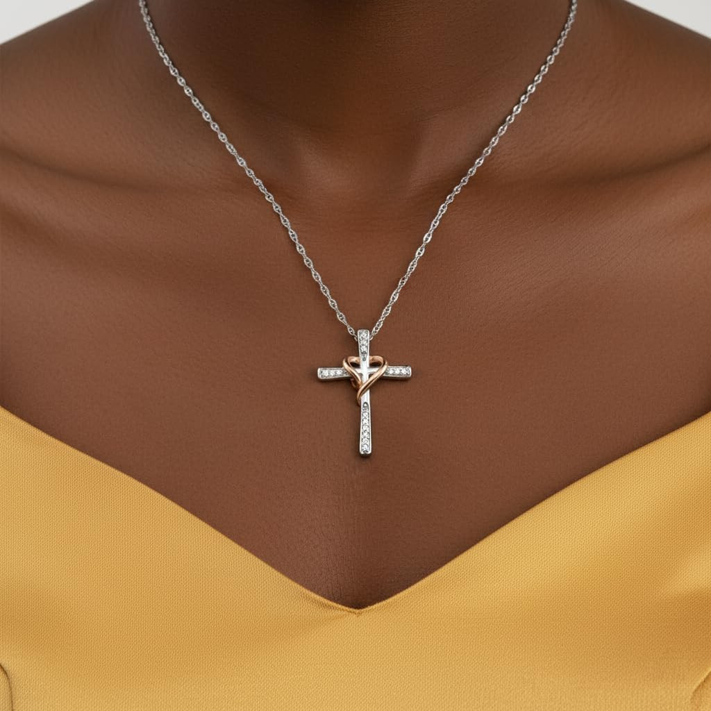 Cross Heart Necklace Pendant in Yellow Gold or Rose Gold over Sterling Silver wi