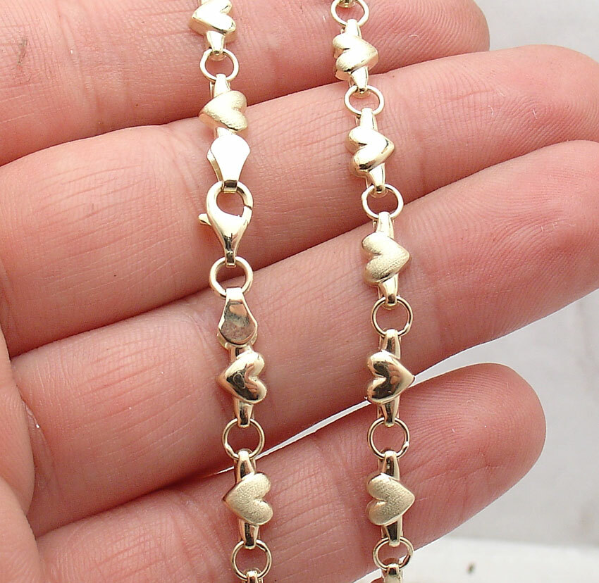 Shiny Satin Heart Linked Stampato Chain Necklace Real 14K Yellow Gold ALL SIZES
