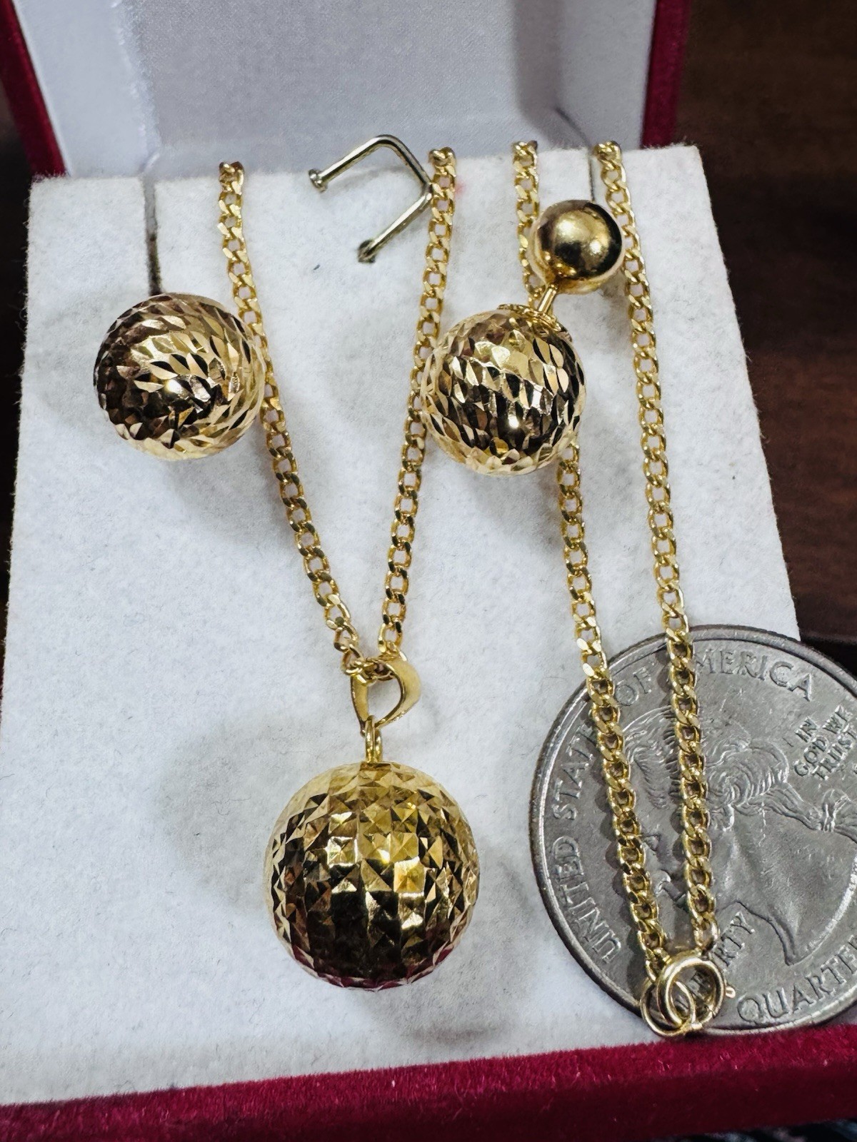 18K 750 Real Fine Gold Women’s Balls Earring & Necklace 23.5/24” long 10.4g 2mm