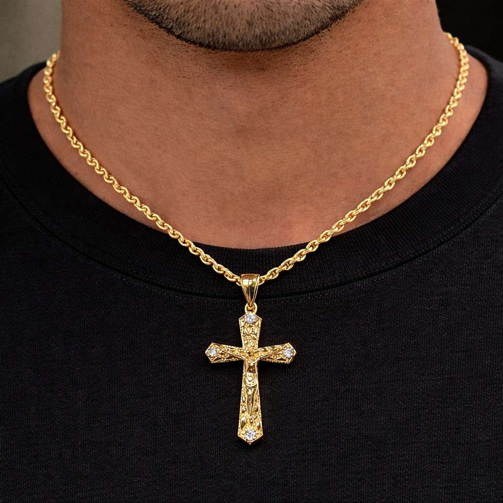 Italian 1/200 14k Yellow Gold Jesus Cross Crucifix Iced CZ Nugget Pendant