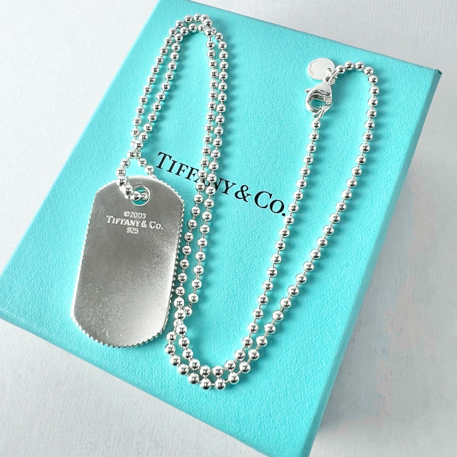 TIFFANY & Co. Sterling Silver 925 Edge Dog Tag Pendant Chain Ball Necklace