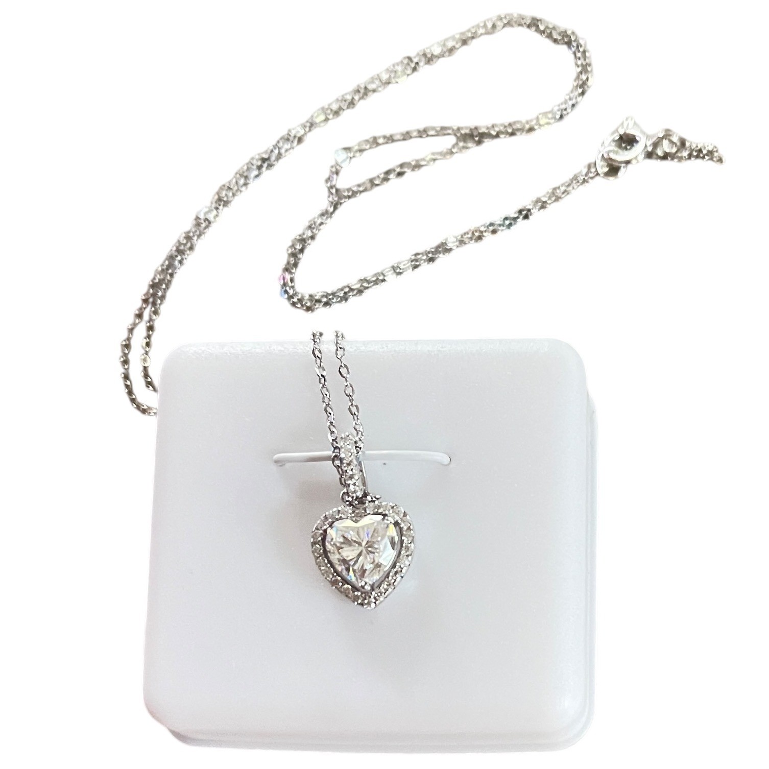 Moissanite Sterling Silver Heart .94 CTW Halo Pendant Necklace 18″ $200 GIFT