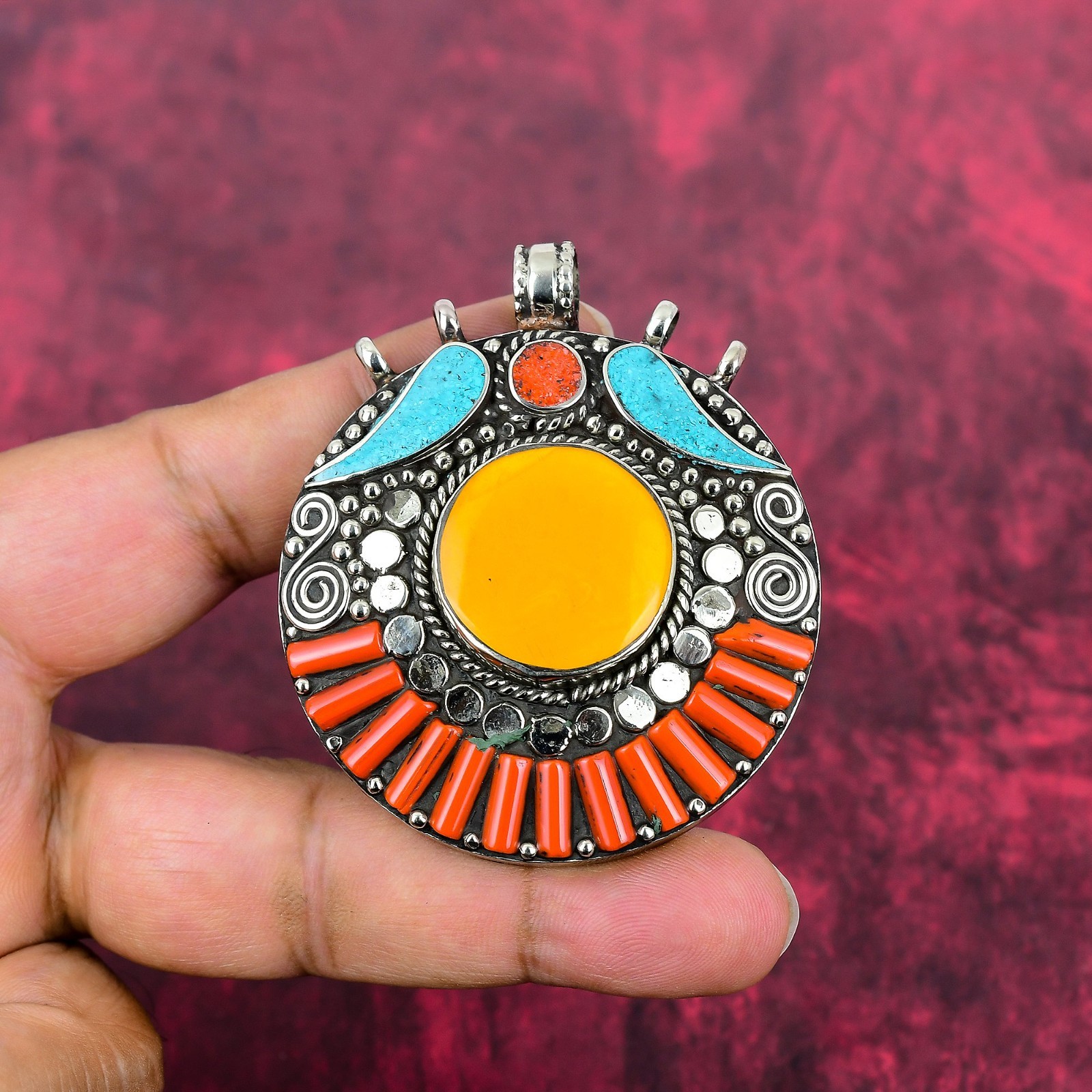 Turquoise, Coral Gemstone Handmade 925 Sterling Silver Nepali Pendant Jewelry