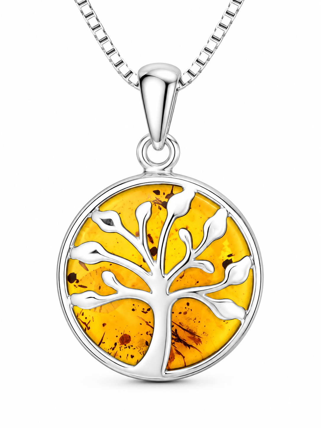 Genuine Baltic Amber Tree of Life Pendant Necklace 925 Sterling Silver Box Chain