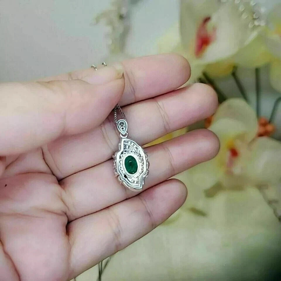 2Ct Oval Cut Lab-Created Emerald Cluster Women Pendant 14K Two Tone Gold Plated