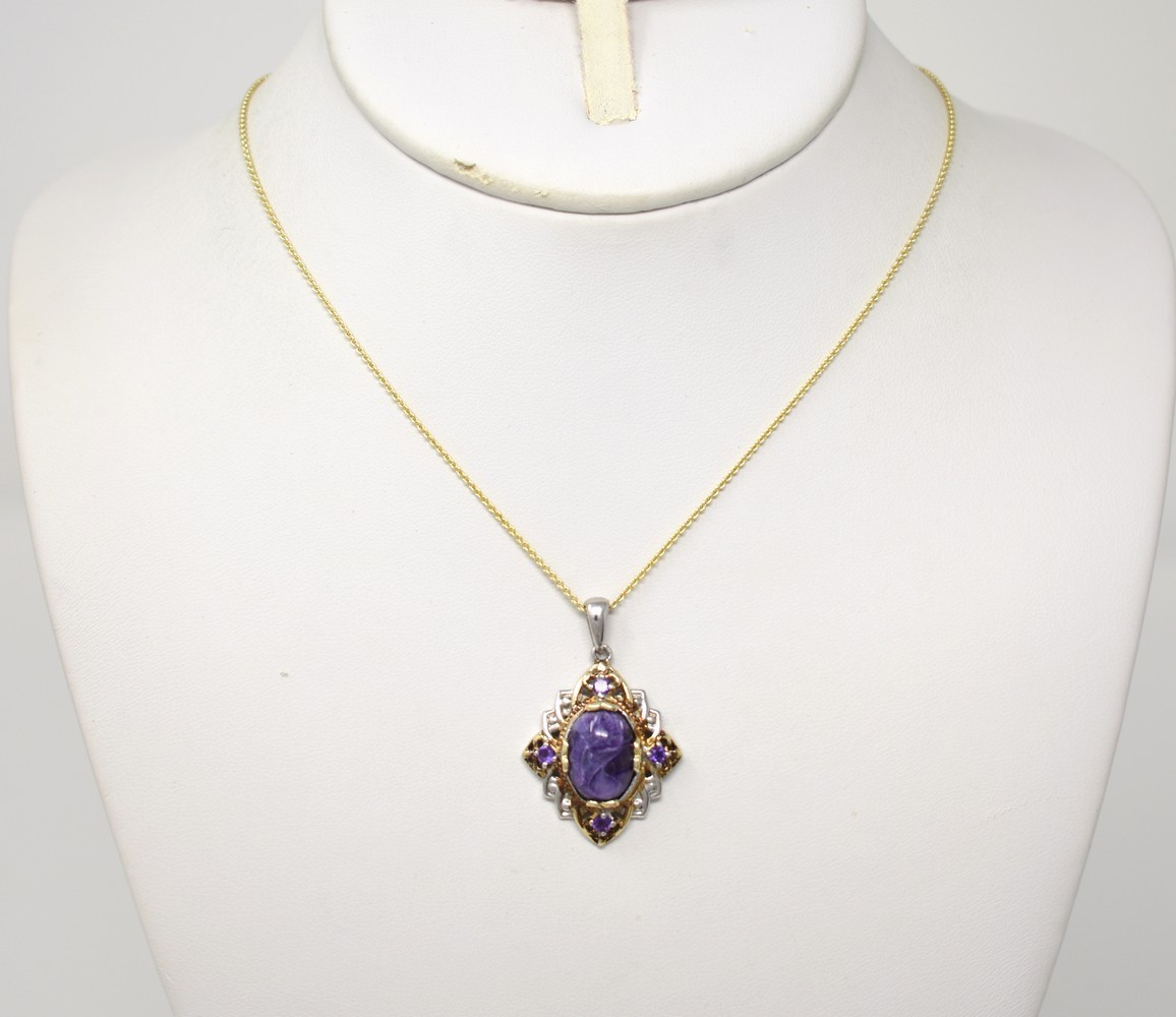 STS Silver 925 2-Tone Charoite & Amethyst Pendant Gold-P Chain Choker Necklace