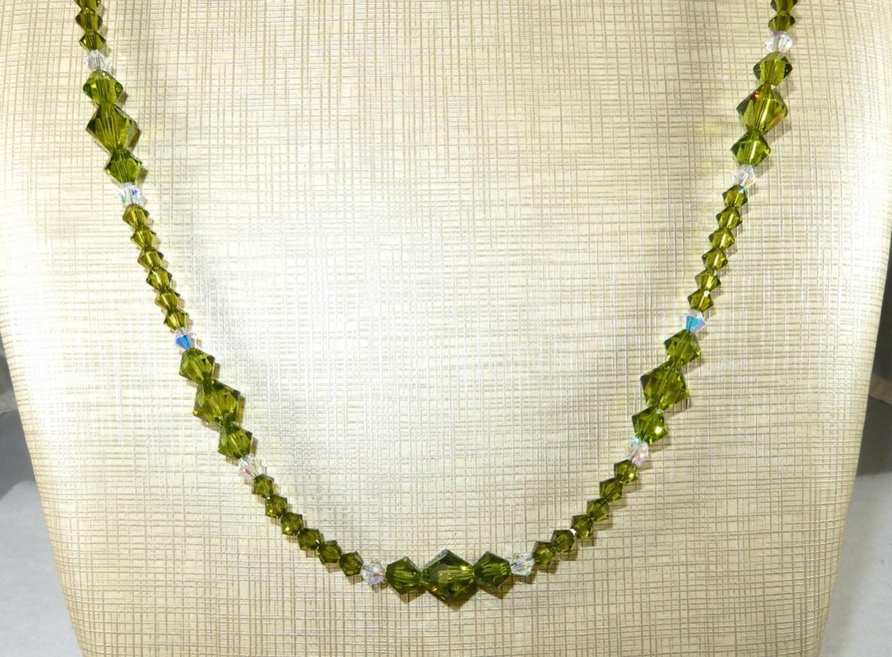 Sparkly Peridot Crystal and Clear Crystal 18-1/2 Inch Necklace .925 Silver Clasp
