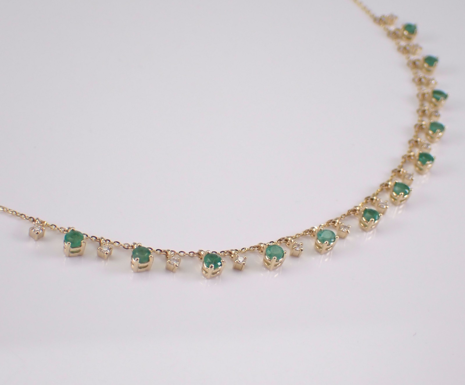 14K Yellow Gold Emerald Necklace – Diamond Dangle Station Pendant Chain