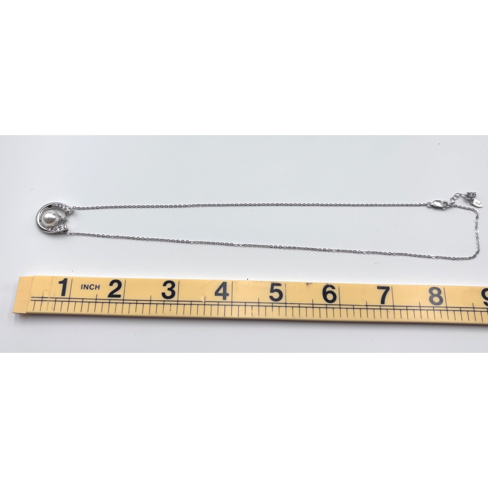 Sterling Silver 925 Horseshoe Pearl Cubic Zirconia Pendant Necklace Silver Tone