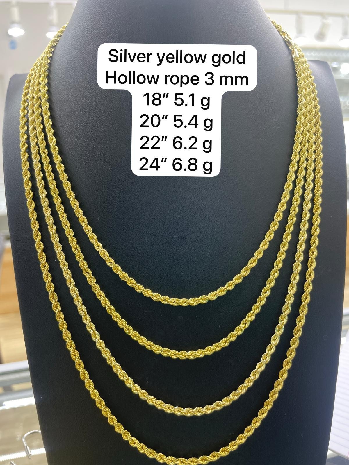 3mm Yellow Gold Plated Hollow Rope Chain Necklace for Men & Women