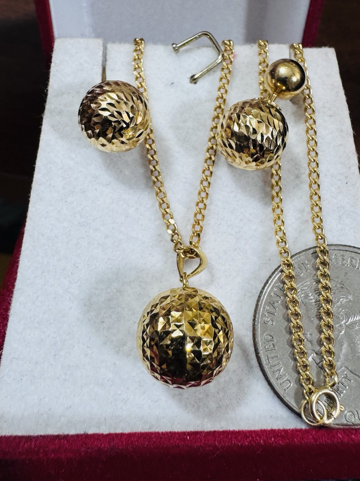 18K 750 Real Fine Gold Women’s Balls Earring & Necklace 23.5/24” long 10.4g 2mm