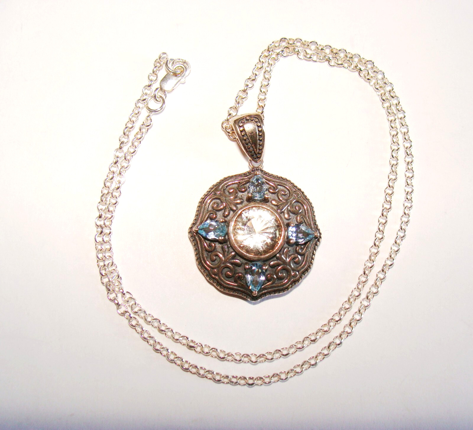 HT Sterling Silver Citrine Blue Topaz Round Shield Ethnic Pendant & 18″ Necklace