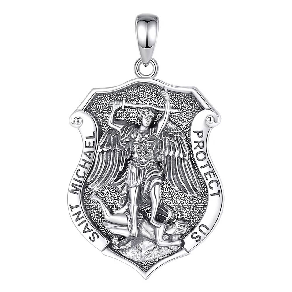 MLD 925 Sterling Silver Saint St Michael Shield Medal Pendant Necklace