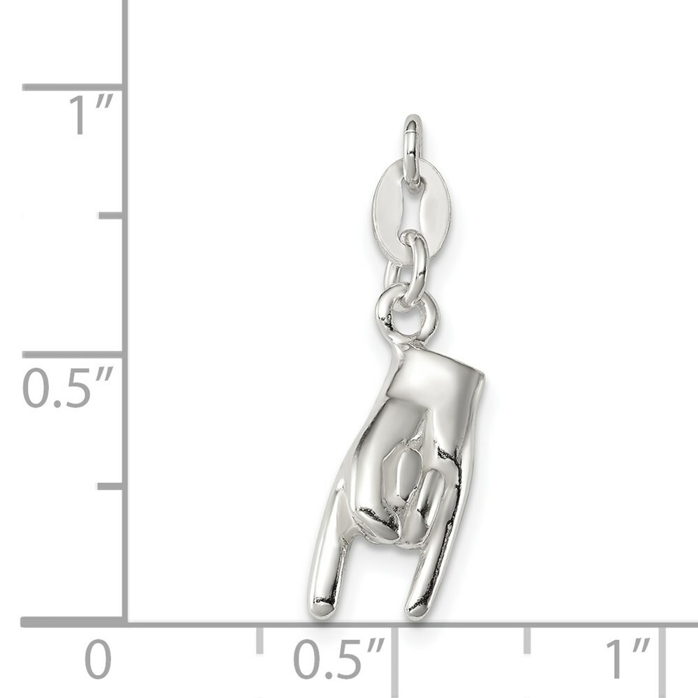 Sterling Silver Good Luck ROCK ON 3-D Hand Sign Charm Pendant 0.79 Inch