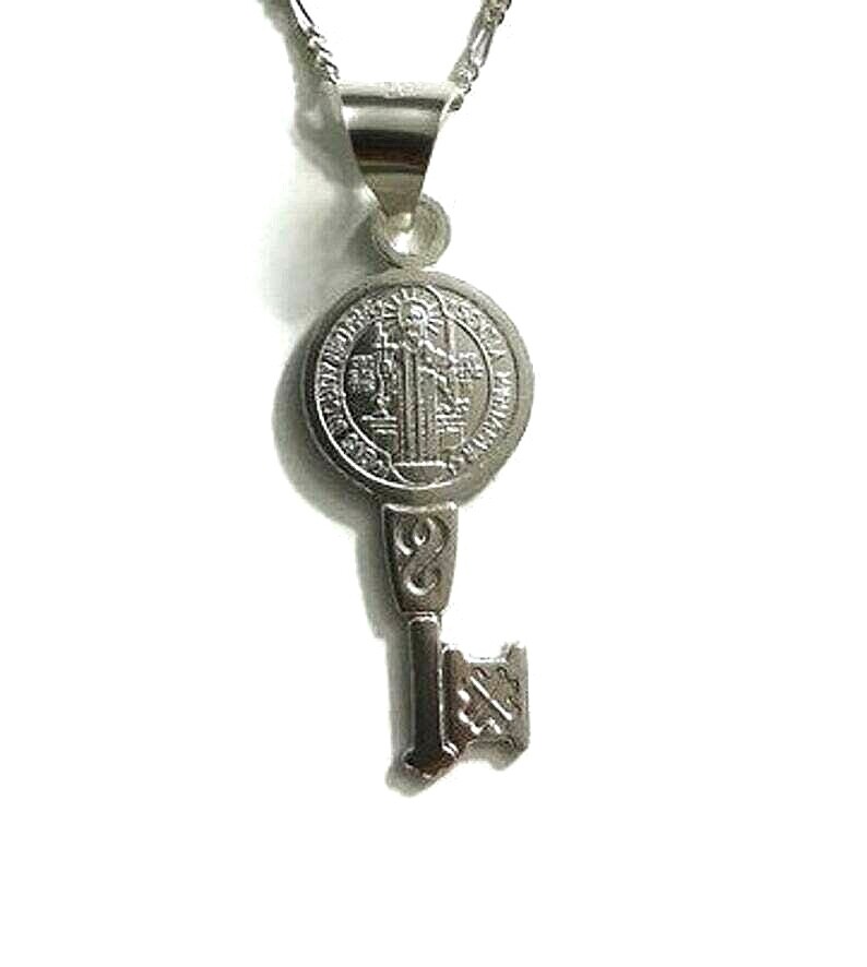 925 Silver Saint Benedict Key Necklace 18″ Long /Cadena San Benito llave – P63-1