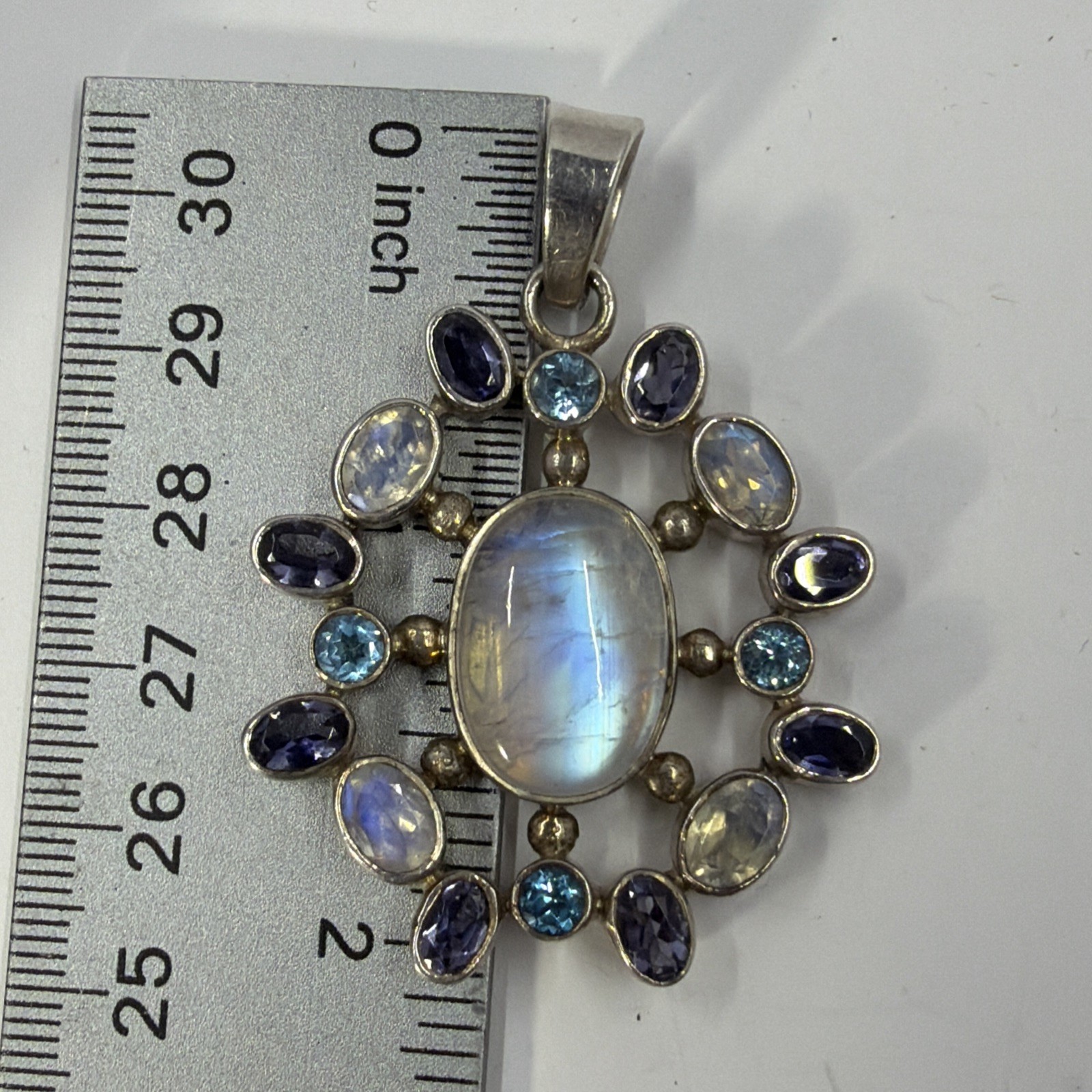 Sterling Silver SJ 925 Moonstone Amethyst Topaz Multi Gem Large Pendant Unique
