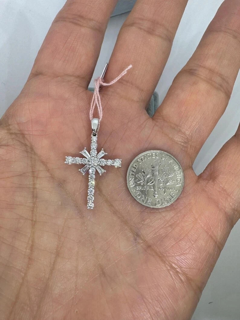 1.10Ct Round Cut Real Moissanite Women’s Cross Pendant 14K White Gold Plated