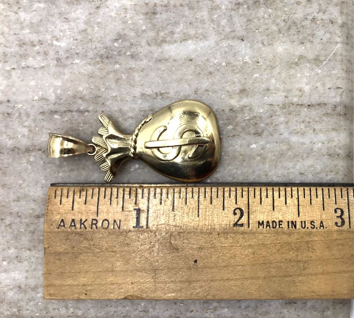 Solid 10K Yellow Gold Money Bag Dollar Sign Pendant Charm Textured Polished 7.8g