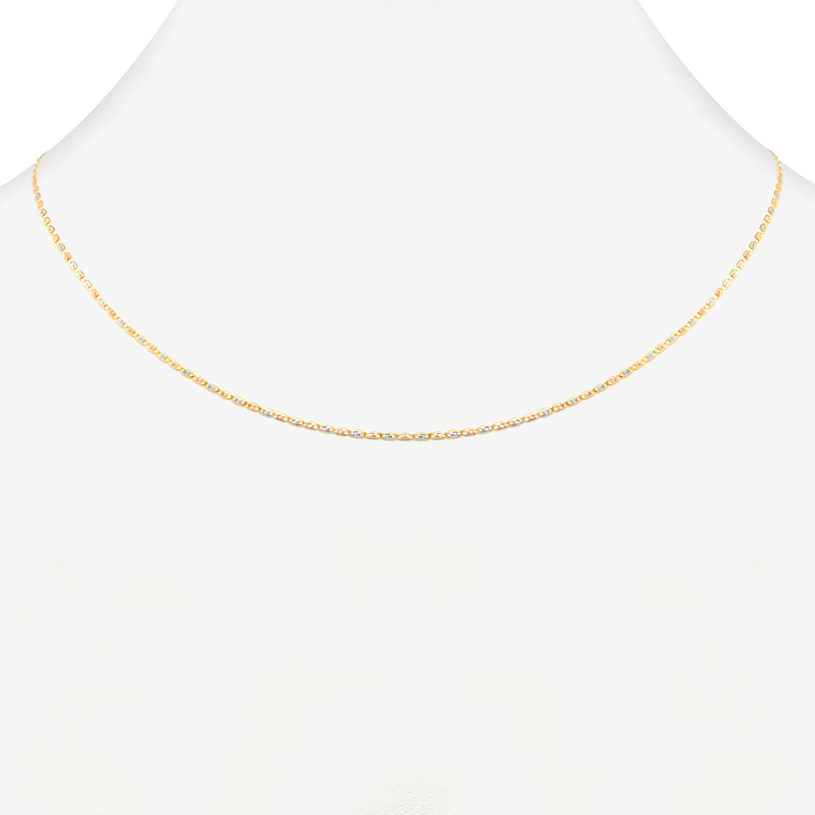 14K Solid Tri Yellow Rose White Gold 1.5mm Valentino Chain Womens Necklace 16″