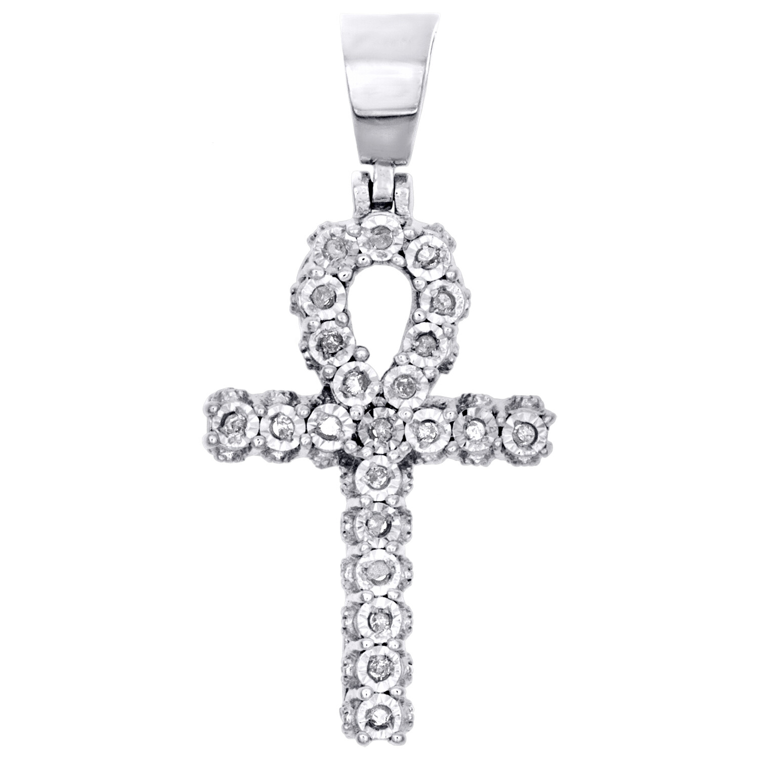 Mens Genuine Diamond Ankh Cross Pendant 1.25″ White Sterling Silver Charm 1/7 CT