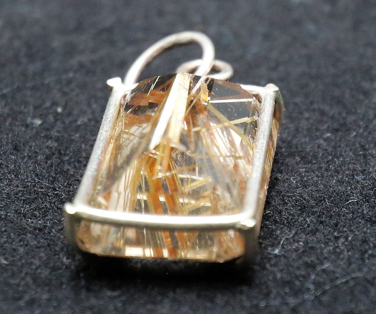 Vintage Rutilated Quartz Faceted Gold Pendant 3/4 x 1/2 x 1/2 Inch