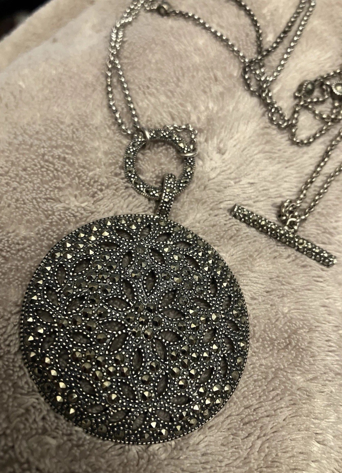 Vintage Judith Jack $285 Sterling Silver 925 Marcasite Dome Pendant Necklace 36”