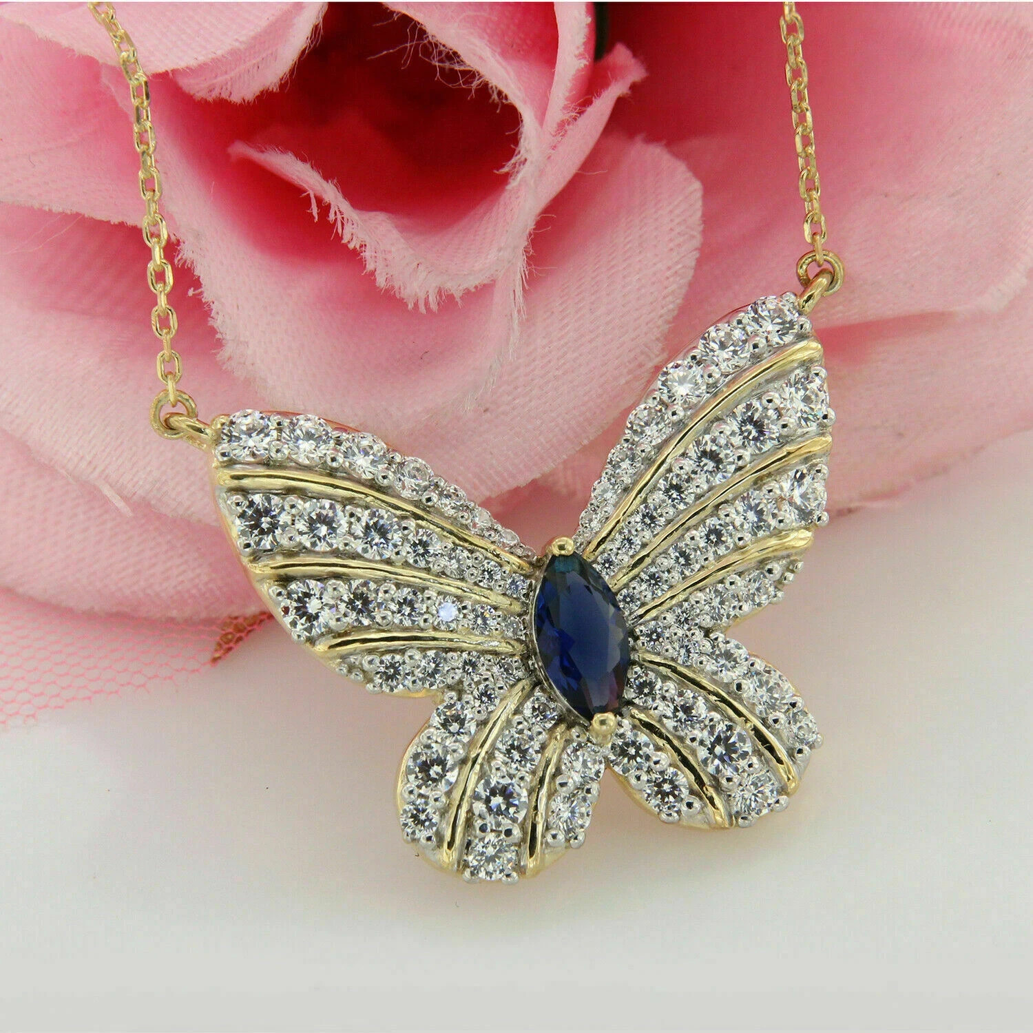 3 CT Blue Sapphire Marquise Pave Diamond Butterfly Necklace 14k Yellow Gold Over