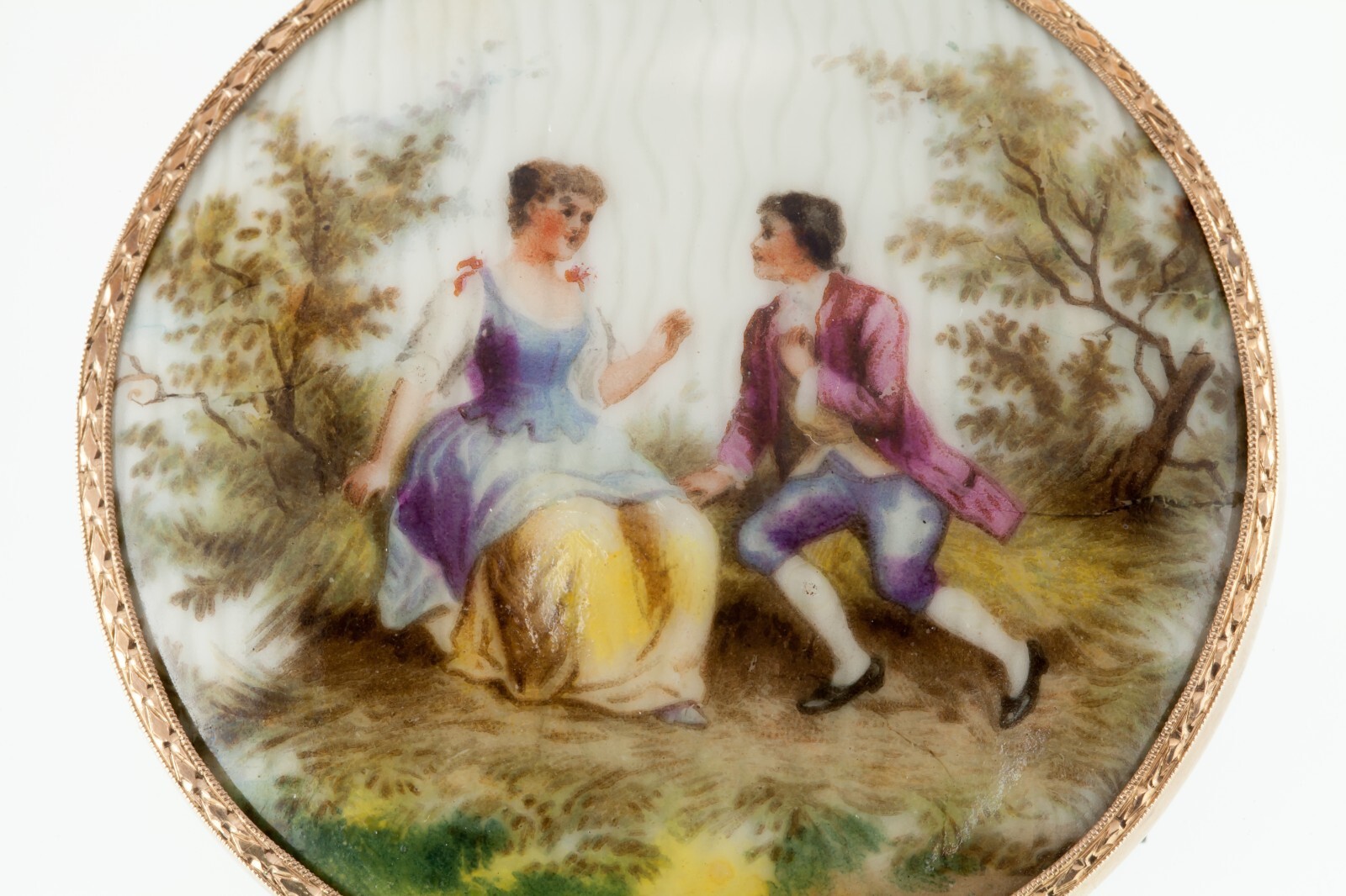 Unique Victorian Hand Painted Porcelain Pendant in 14k Yellow Gold Frame 57mm