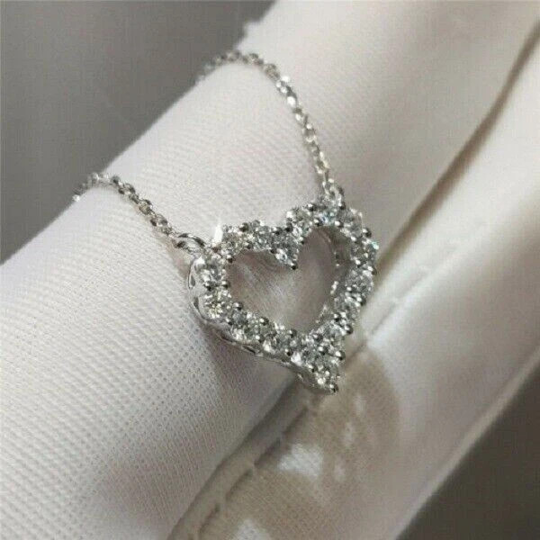 1Ct Round Cut VVS1/D Diamond Heart Shape Pendant 14K White Gold Over Free Chain