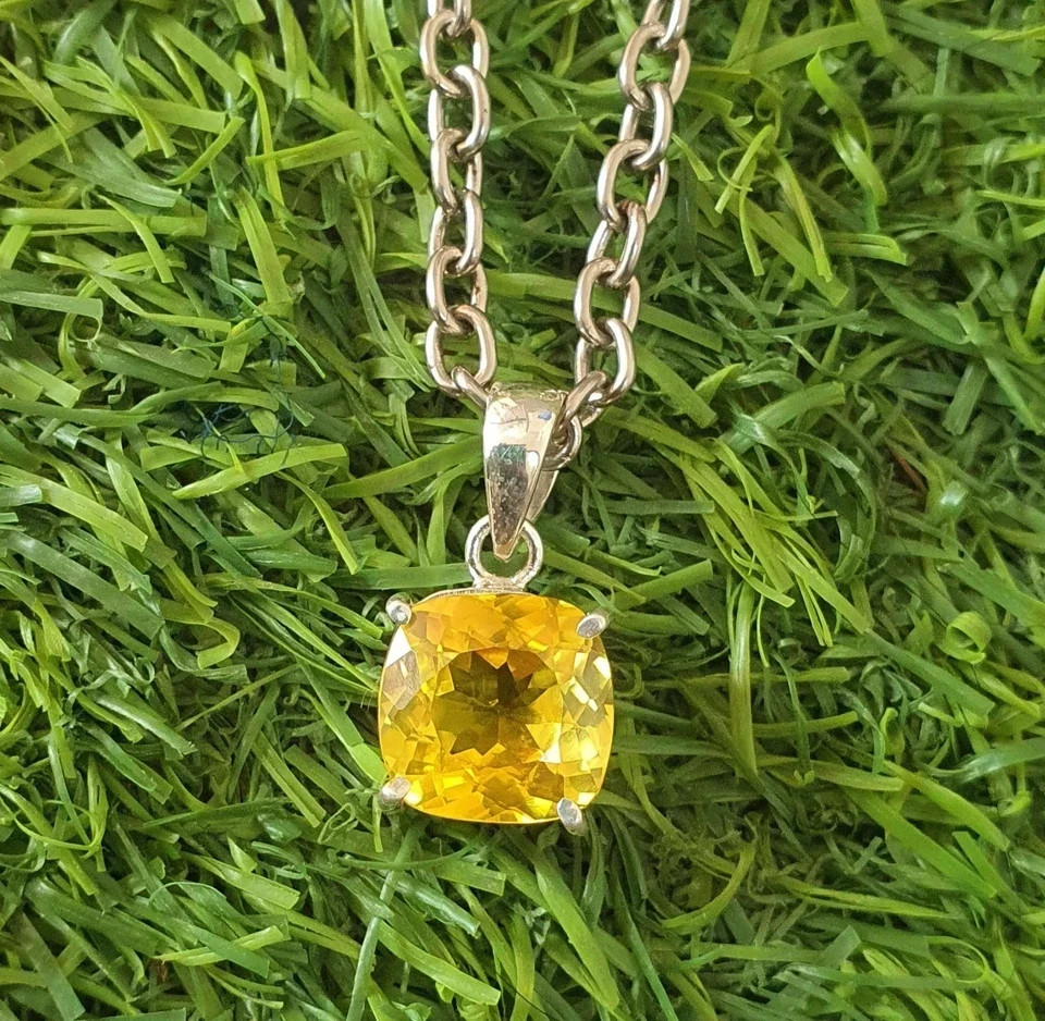 A++ Natural Yellow Sapphire Cushion Cut 18 Ct 925 Solid Silver Pendant Gemstone