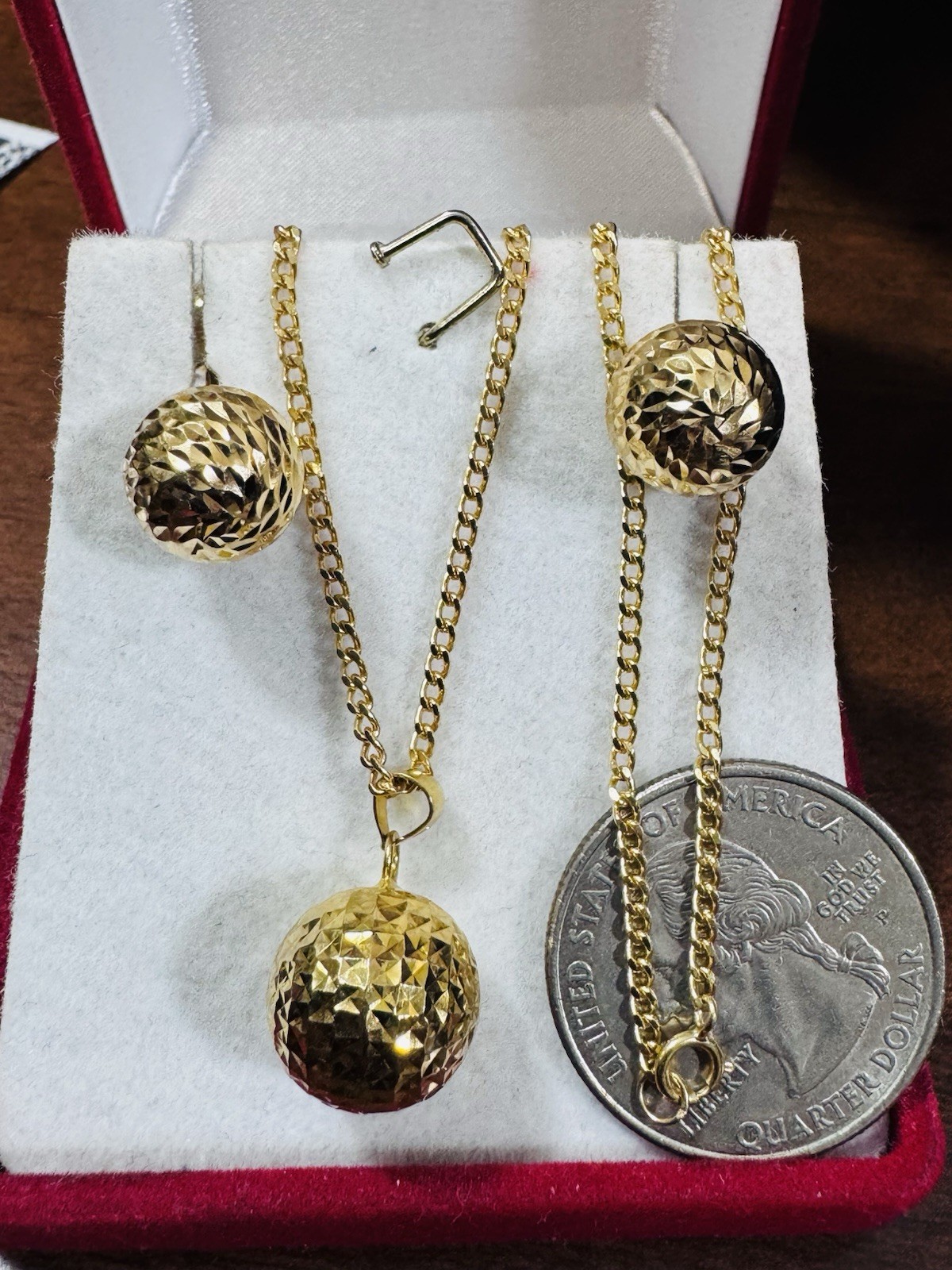 18K 750 Real Fine Gold Women’s Balls Earring & Necklace 23.5/24” long 10.4g 2mm