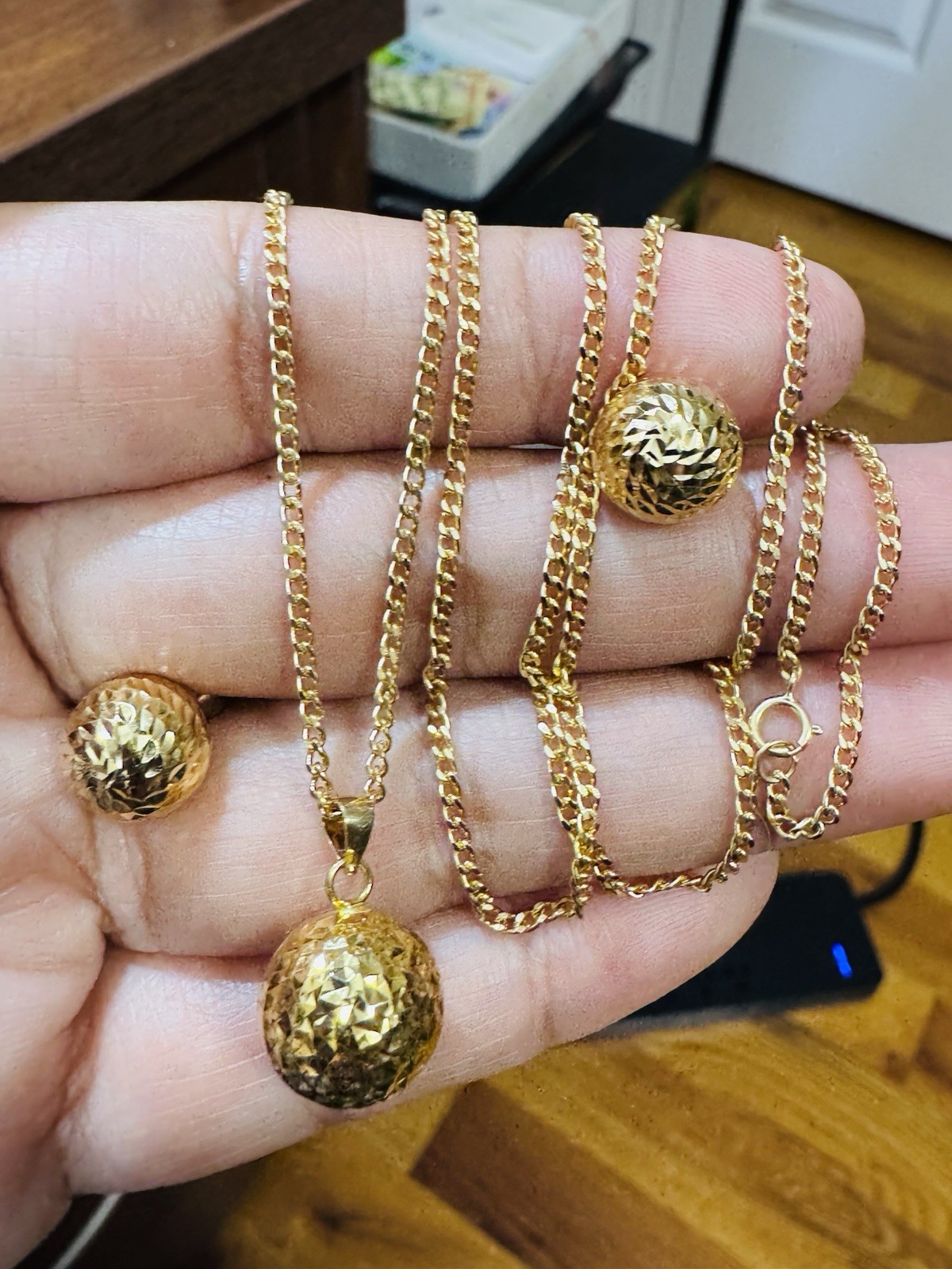 18K 750 Real Fine Gold Women’s Balls Earring & Necklace 23.5/24” long 10.4g 2mm
