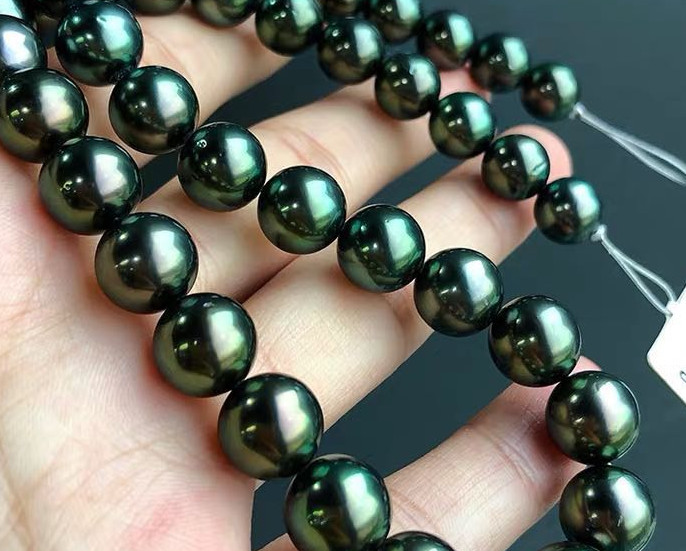 Charming 18″10-12MM south sea Tahitian genuine green round pearl necklace