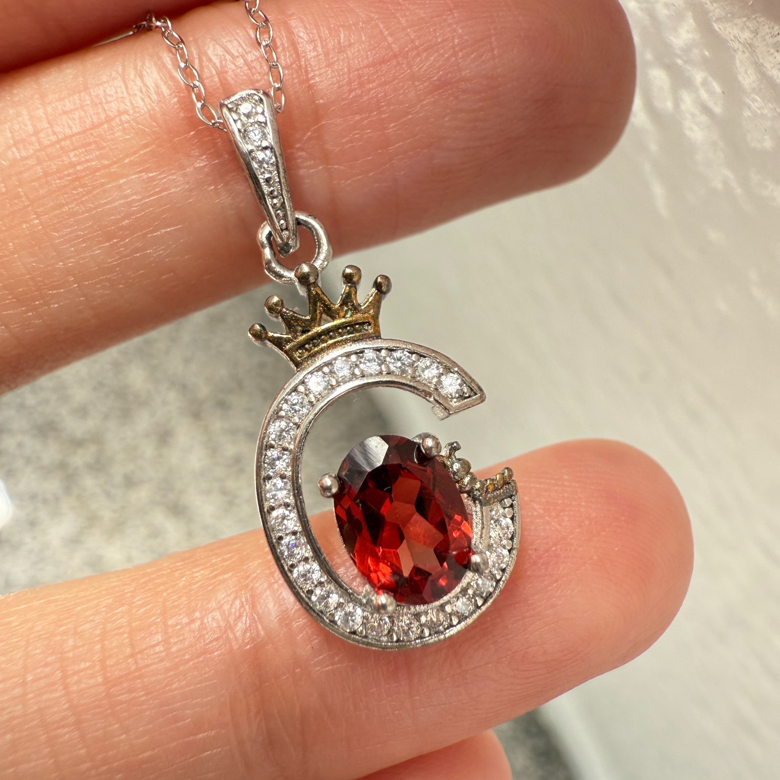 925 Sterling Silver Necklace 7x5mm Natural Garnet Zircon Crown Handmade Chain