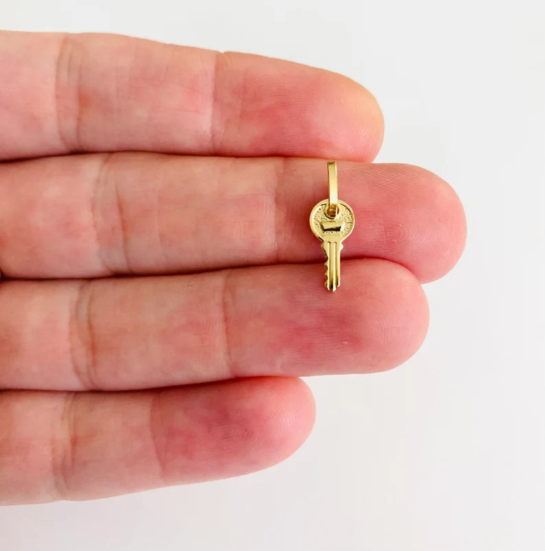 14K Solid Gold 17mm x 6mm Small Key Charm Pendant, 14K Solid Gold Key- PT465