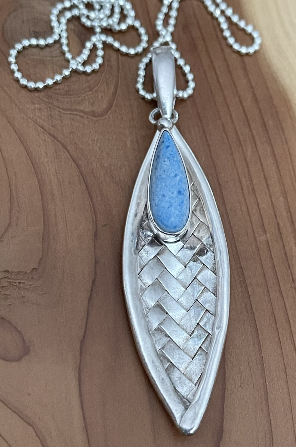 Vintage Sajen 925 Sterling Denim Lapis Woven Basket Design Pendant Necklace 20”