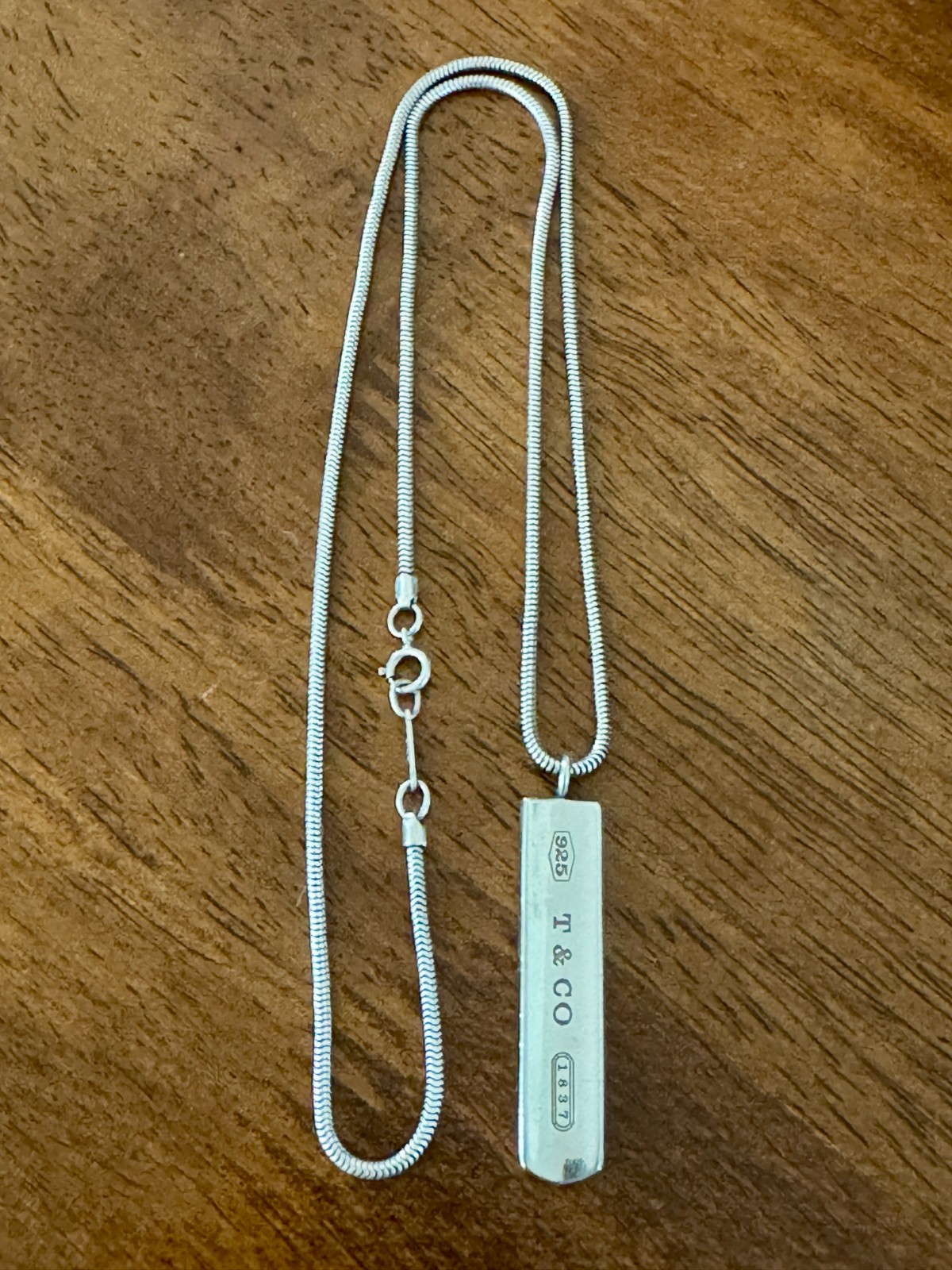 Authentic Tiffany & Co 1837 Sterling Silver Bar Pendant Necklace 925 Snake Chain