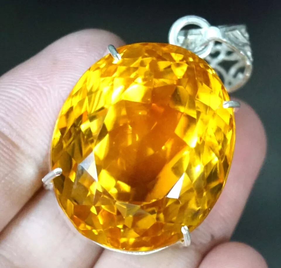 94 Ct+ Natural Yellow Citrine 925 Solid Silver Oval Pendant Loose Gemstone A+