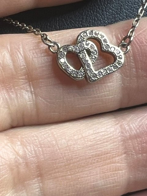 B4981 Sterling Silver Interlocking Hearts Necklace Pave Crystal 16-18″